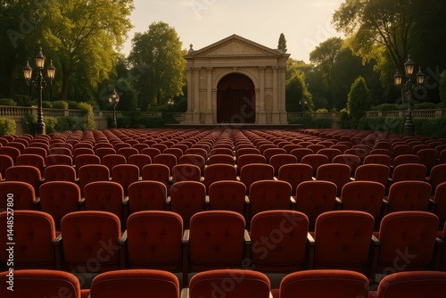 Obraz na płótnie Grand Open Air Theater with Red Seats Surrounded by Lush Greenery w salonie