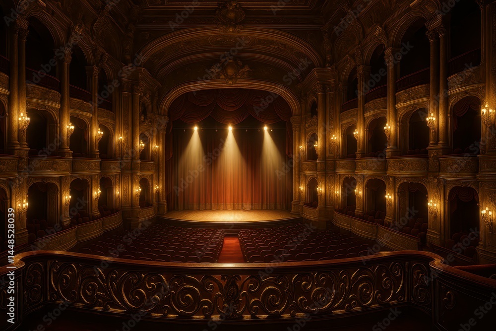 Elegant Opulent Theatre Interior with Balcony and Dramatic Lighting
