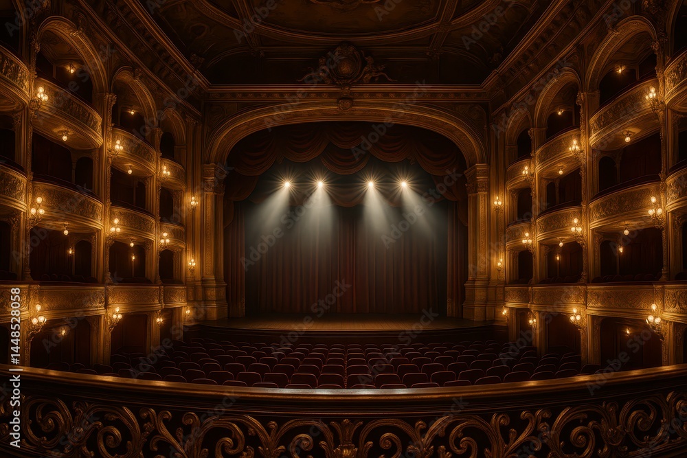 Opulent Theatre Interior with Elegant Balcony and Stage Lights