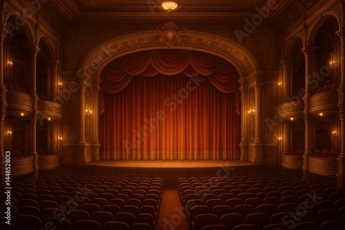 Obraz na płótnie Elegant Empty Theater Stage with Rich Red Drapes and Warm Lighting w salonie