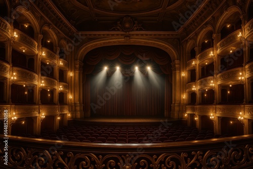 Obraz na płótnie Opulent Theatre Interior with Elegant Balcony and Stage Lights w salonie