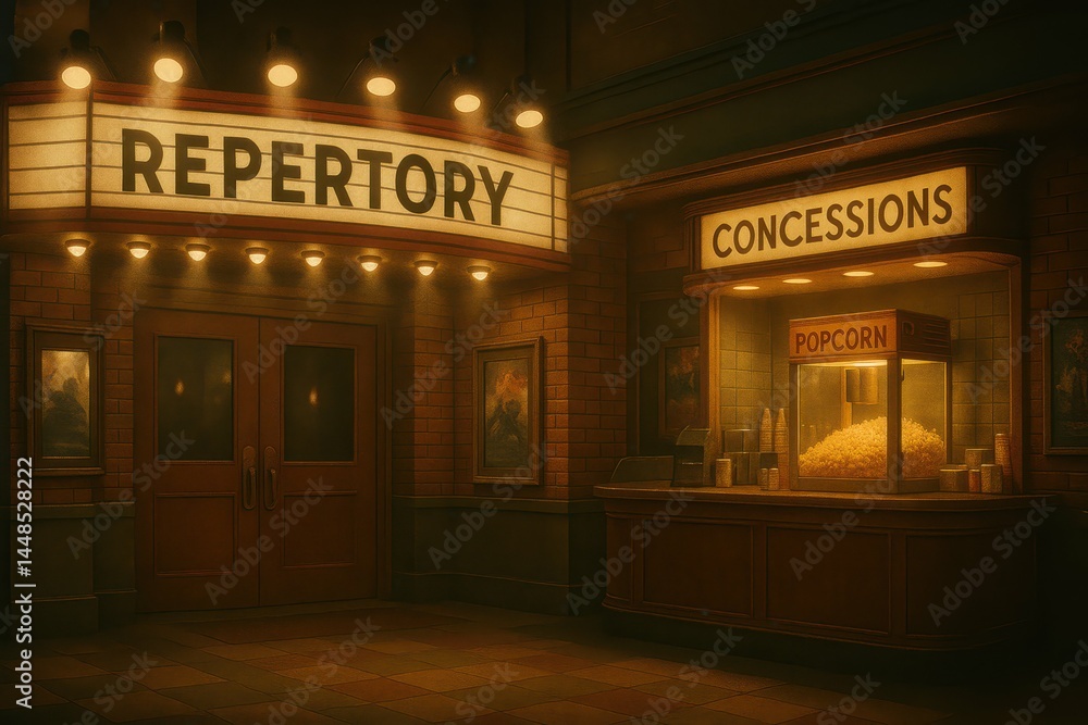 Vintage Theater Entrance with Concessions and Popcorn Stand