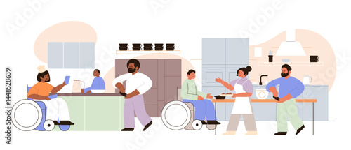 Diverse people with disabilities cooking together inclusive kitchen teamwork community modern interior cheerful interaction accessibility home lifestyle