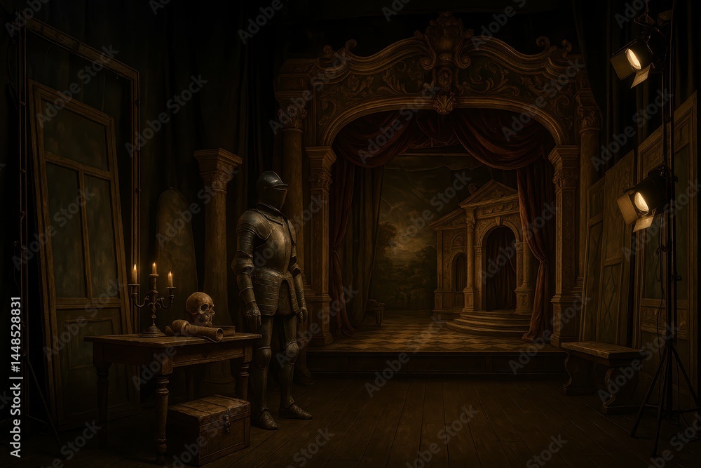 Baroque Theater Backstage Scene with Knight and Skeleton Props