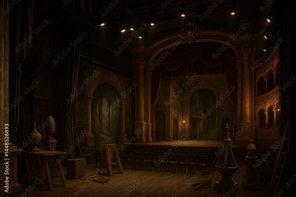 Intricate Baroque Theater Backstage Scene with Dramatic Lighting