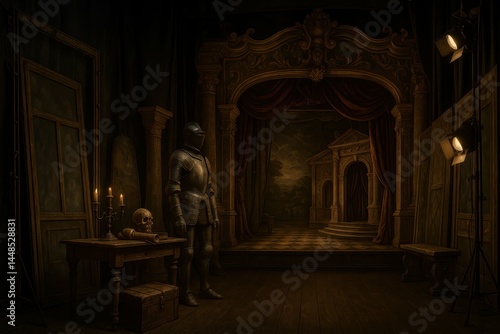 Obraz na płótnie Baroque Theater Backstage Scene with Knight and Skeleton Props w salonie