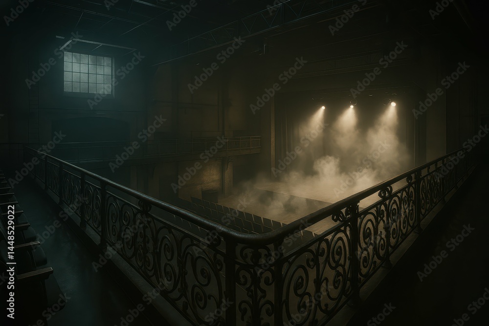 Atmospheric Theater Interior with Fog and Balcony Viewpoint