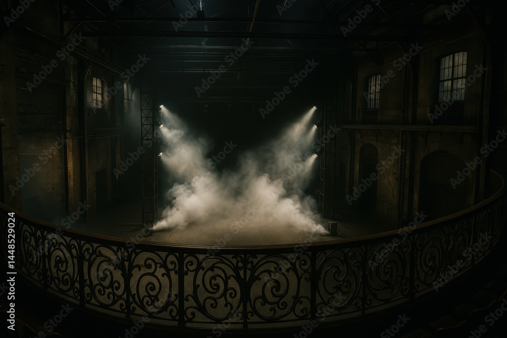 Dramatic Theatrical Stage with Fog and Balcony Lighting Effects