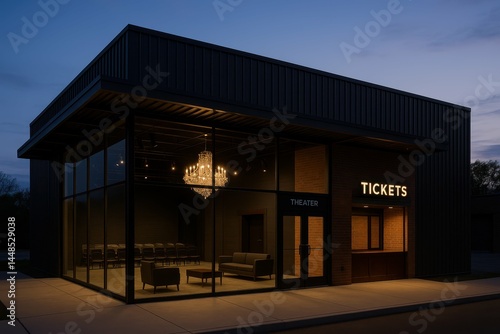 Modern Industrial Theater Entrance with Elegant Chandelier at Dusk