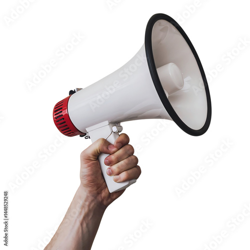 Human hand holding Mega phone isolated on transparent background