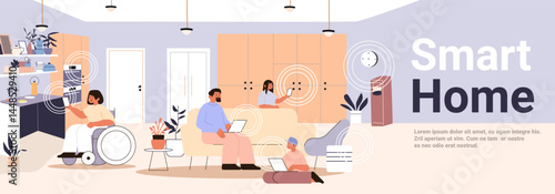Smart home technology family using devices modern living room wireless automation diverse people plants furniture pastel colors website banner