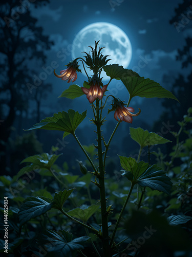 A deadly nightshade plant glowing eerily under the light of a full moon