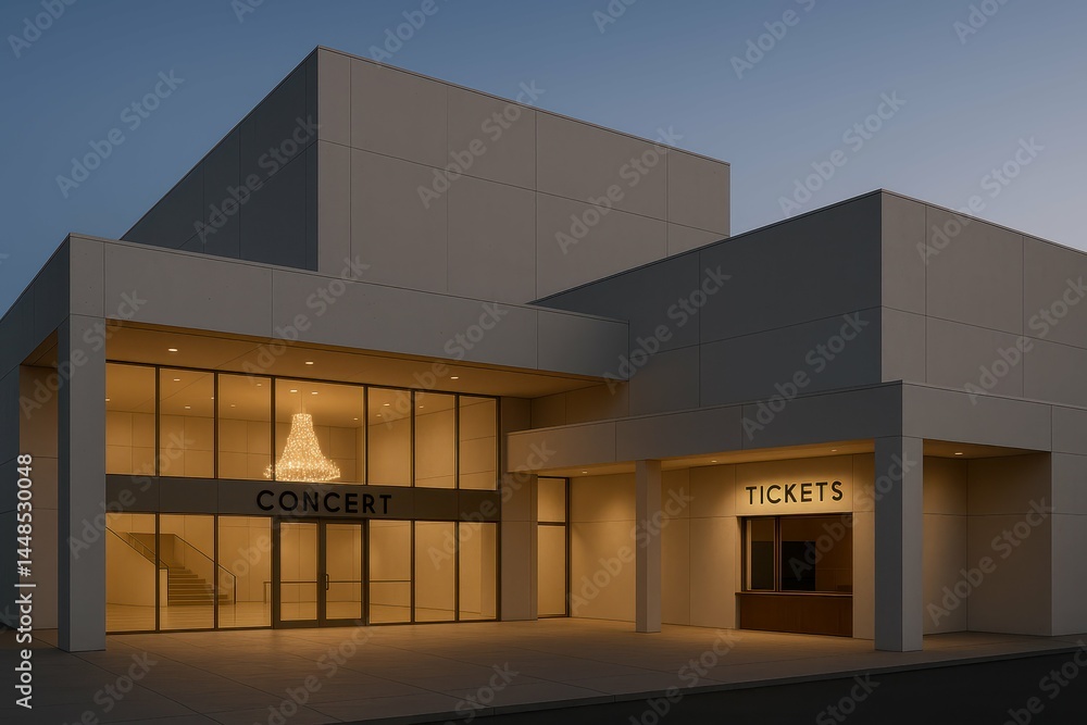 Modern Concert Theater Entrance at Dusk with Elegant Lighting