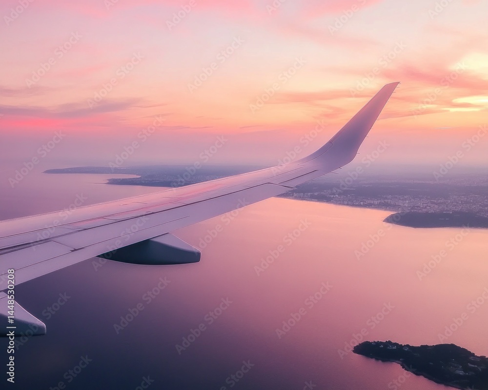 Obraz premium Airplane Passenger View: Sun Setting Over Frozen Landscape