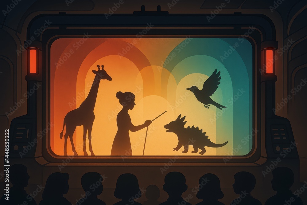 Futuristic Puppet Theater with Silhouettes of Animals and Performer