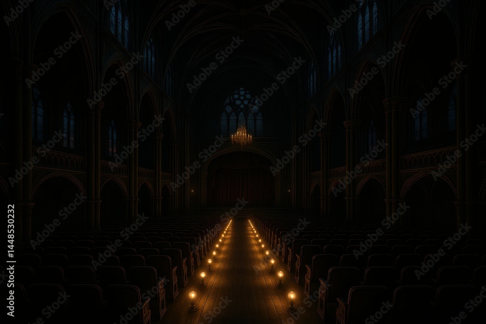 Gothic Opera House at Dusk with Candlelit Aisles and Dramatic Light