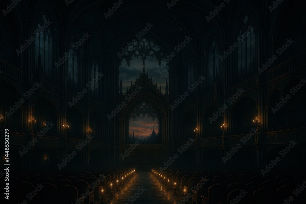 Spooky Gothic Opera House Interior at Dusk with Dim Lighting