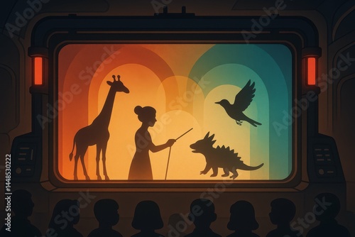 Obraz na płótnie Futuristic Puppet Theater with Silhouettes of Animals and Performer w salonie