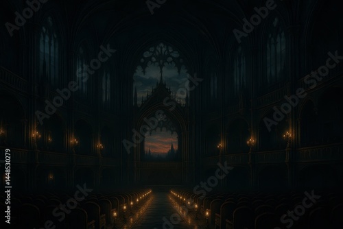Obraz na płótnie Spooky Gothic Opera House Interior at Dusk with Dim Lighting w salonie