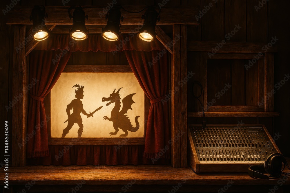 Rustic Puppet Theater Scene with Dragon Shadow Silhouette