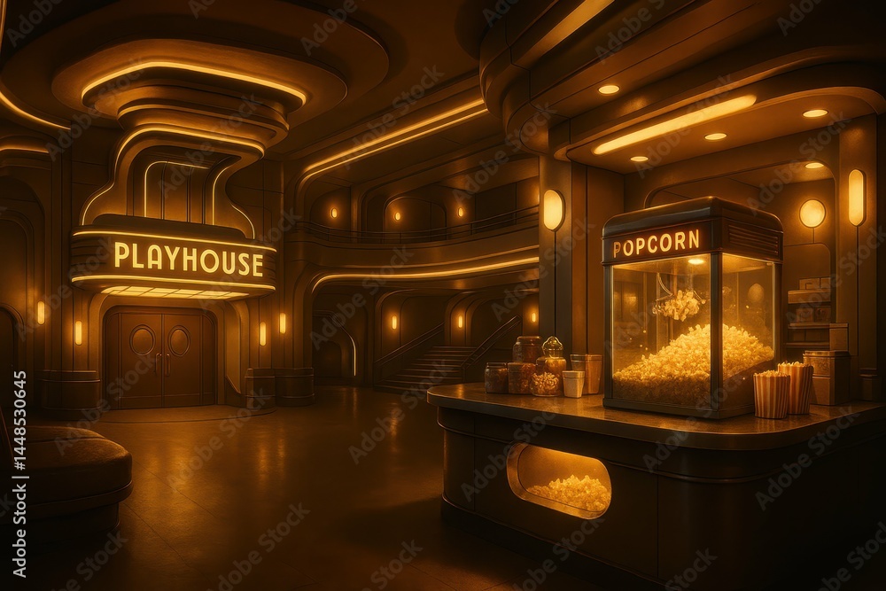 Futuristic Playhouse Interior with Popcorn Stand in Warm Lighting