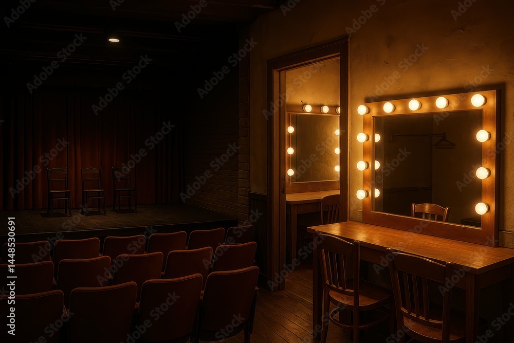 Dimly Lit Dressing Room with Stage and Vanity Mirror in Theater