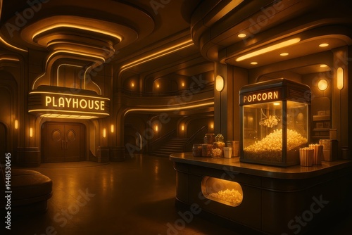 Obraz na płótnie Futuristic Playhouse Interior with Popcorn Stand in Warm Lighting w salonie
