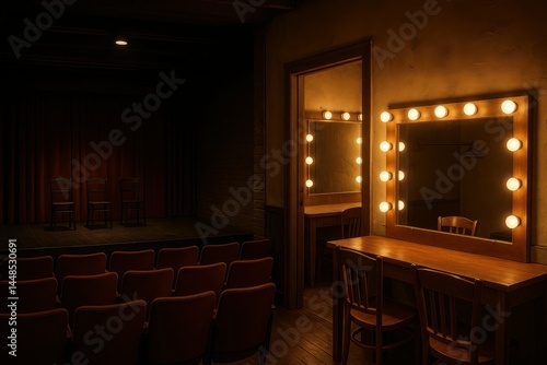 Obraz na płótnie Dimly Lit Dressing Room with Stage and Vanity Mirror in Theater w salonie