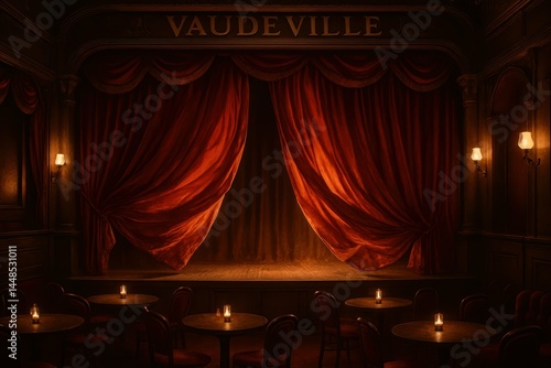 Elegant Vaudeville Theater Stage with Red Curtains and Tables