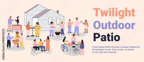 Outdoor patio barbecue party diverse people gathering grilling food house backyard social event pastel colors modern website banner