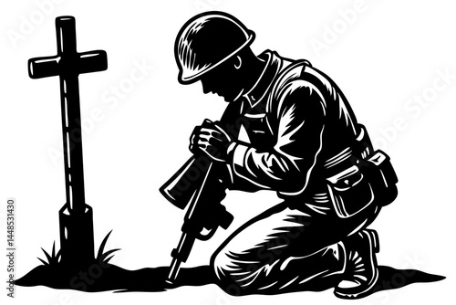 Silhouette of soldier kneeling in front of battle flag on white background, soldier, kneeling, battle flag, silhouette, military, war, remembrance, veteran, army, patriotism, memorial, honor