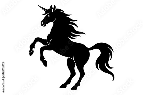 Silhouette of unicorn rearing on hind legs black mythical creature design, unicorn, silhouette, rearing, hind legs, mythical, creature, fantasy, horse, magic, fairytale, equestrian, elegant, animal