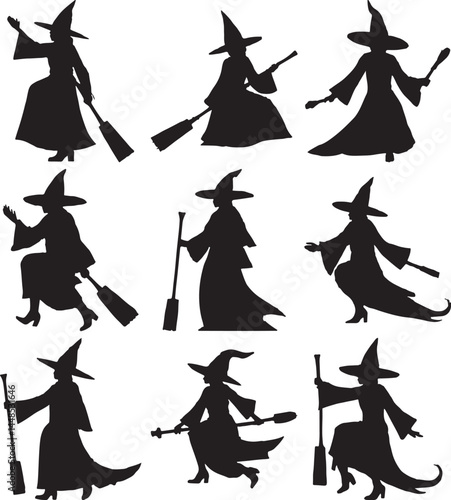 Nine Witch Silhouettes Flying on Broomsticks Halloween Clipart