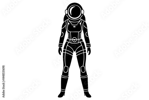 Female astronaut silhouette poised in space exploration with transparency on white background, female astronaut, space exploration, silhouette, poised, standing, vector, space suit, cosmos, science