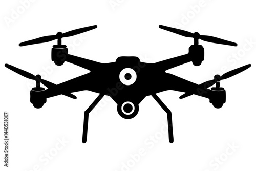Drone silhouette vector on white background,quadcopter with four propellers design, drone, silhouette, quadcopter, vector, aerial, technology, remote, control, unmanned, aviation, spy, fly, propeller