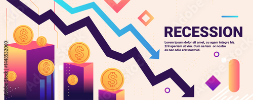 Recession economic downturn falling graph coins declining bar chart arrow abstract geometric shapes modern finance banner
