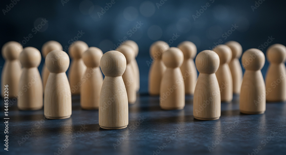Groups of wooden pawn figures arranged in separate clusters on dark surface against blue-black background with bokeh lighting effects. Team divisions, organizational groups, or corporate departments Groups of wooden pawn figures arranged in separate clusters on dark surface against blue-black background with bokeh lighting effects. Team divisions, organizational groups, or corporate departments