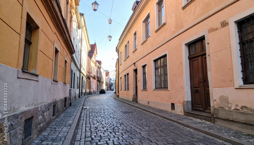 Fototapeta premium Charming cobblestone street historic district urban photography quaint environment perspective view architectural beauty
