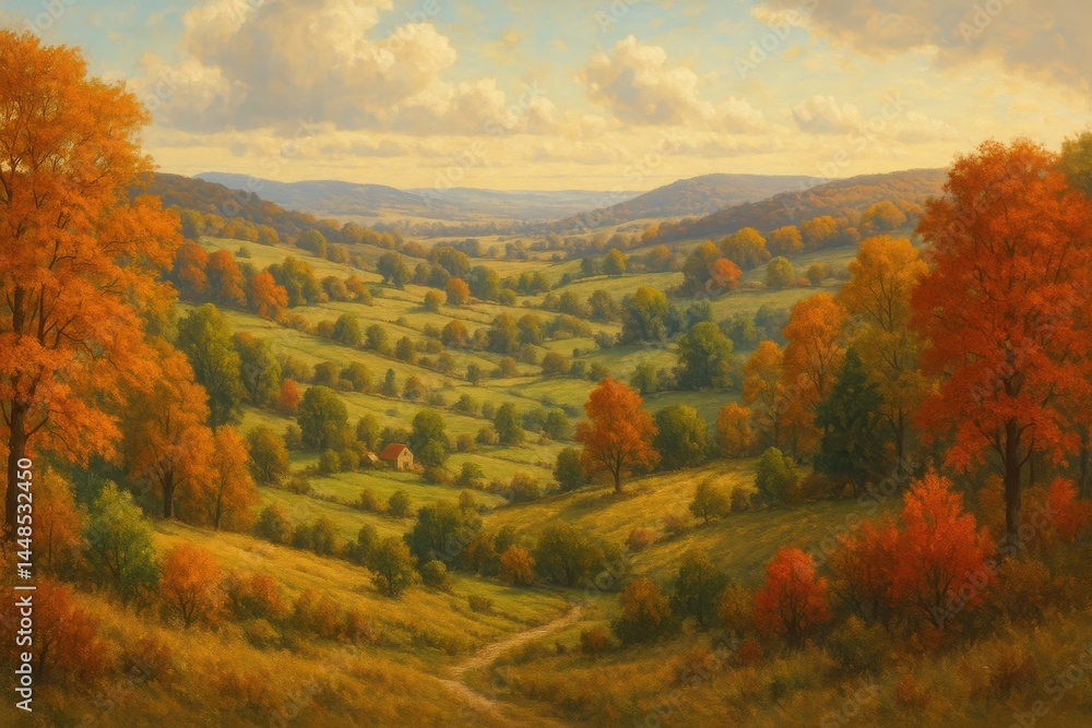 Serene Autumn Countryside Vista with Colorful Foliage and Fields