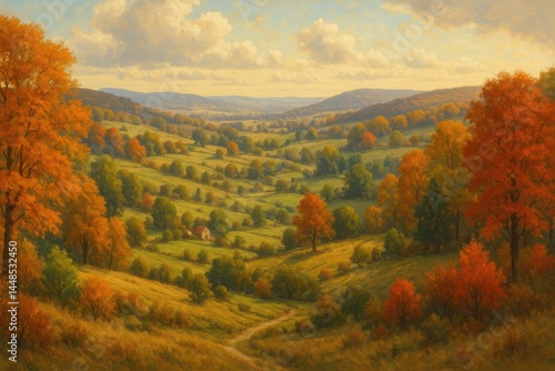 Obraz na płótnie Serene Autumn Countryside Vista with Colorful Foliage and Fields w salonie
