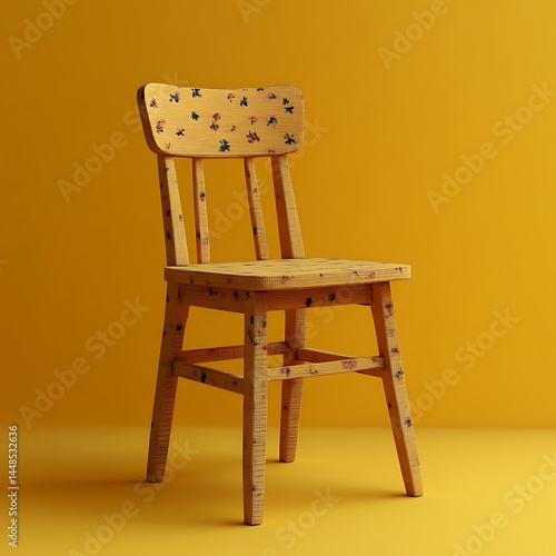 A rustic wooden chair with colorful floral patterns is displayed