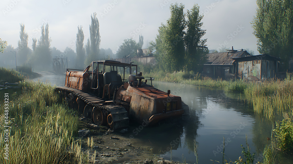 Naklejka premium Rusty tractor in a misty stream landscape