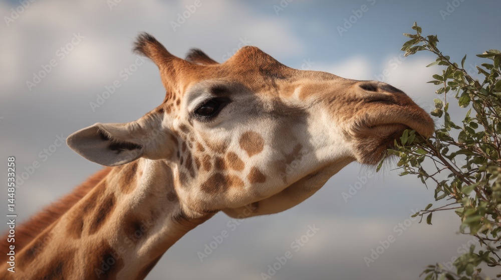 Obraz premium Giraffe Eating Leaves Under a Cloudy Sky