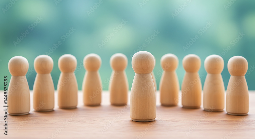 Single wooden pawn figure standing out from curved row of similar figures on wooden surface against teal background. Leadership, individuality, or differentiation concept in business or organizational Single wooden pawn figure standing out from curved row of similar figures on wooden surface against teal background. Leadership, individuality, or differentiation concept in business or organizational