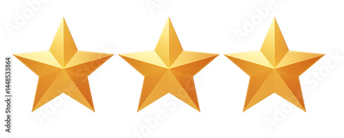 Golden three star review rating and feedback icon isolated on transparent background