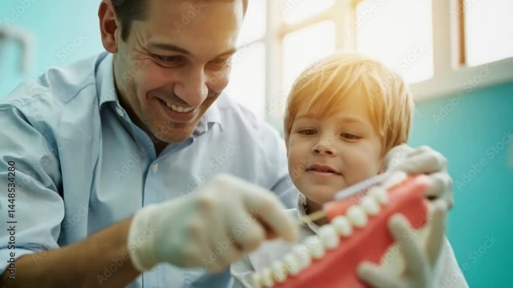 A man and a boy are in the dentist's office. Smooth repeating motion for background video animation. A man and a boy are in the dentist's office. Smooth repeating motion for background video animation.