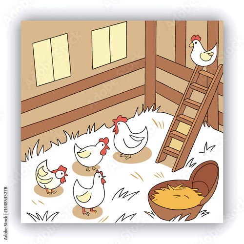 Hens on a traditional free range poultry organic farm grazing on the grass with copy space