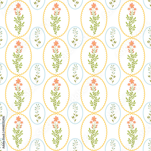 Vector seamless pattern with wild flowers in frames. Bright floral romantic meadow flowers in cottagecore garden style for manor and farmhouse background.