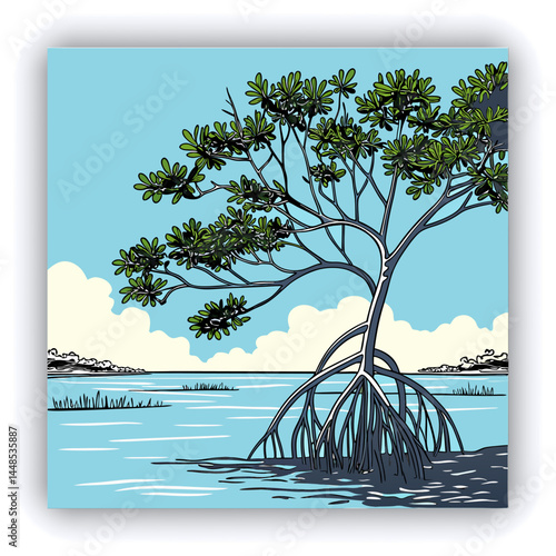 Topped off palm tree between other green palm trees.Mangroves, sand with Blue sky background on a sunny day near sunset. Looks like a stub with curved angle. shoots, stub tree, top cutoff, top off