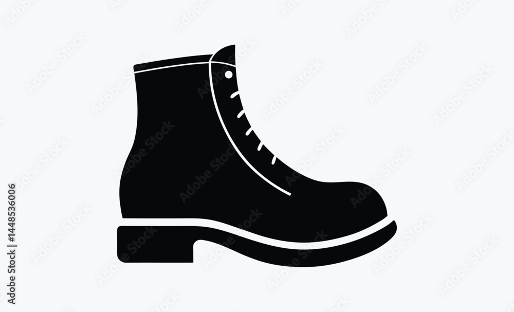 Black boots silhouette, simple boot icon, footwear vector illustration, rugged shoe design, minimal boot shape Black boots silhouette, simple boot icon, footwear vector illustration, rugged shoe design, minimal boot shape